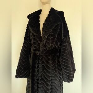 Long Black Faux Fur Coat L/XL Belted Full Length Luxury Statement Winter Coat